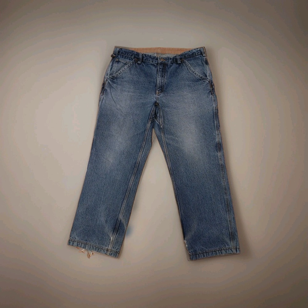 Duluth Trading Carpenter Jeans Mens 38x30 Relaxed Distressed Blue Denim Grunge